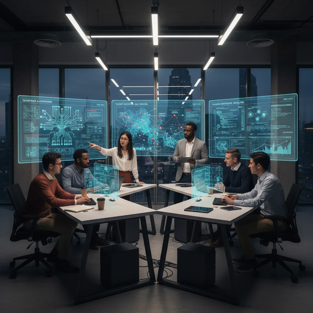 Cybersecurity team collaborating on quantum threat mitigation strategies