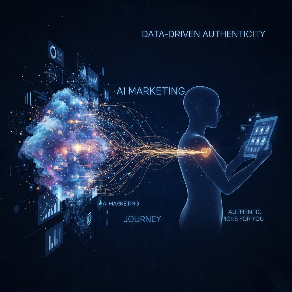 Data analytics and AI in marketing, showing personalized consumer recommendations and purchasing decisions.