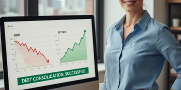 Financial charts showing reduced debt and increased savings, representing successful debt consolidation.