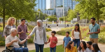 Diverse community connecting in a vibrant park post-pandemic