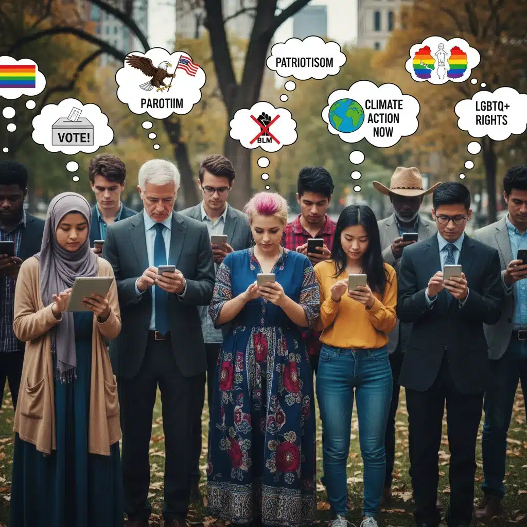 Diverse individuals engaging with political content on digital devices
