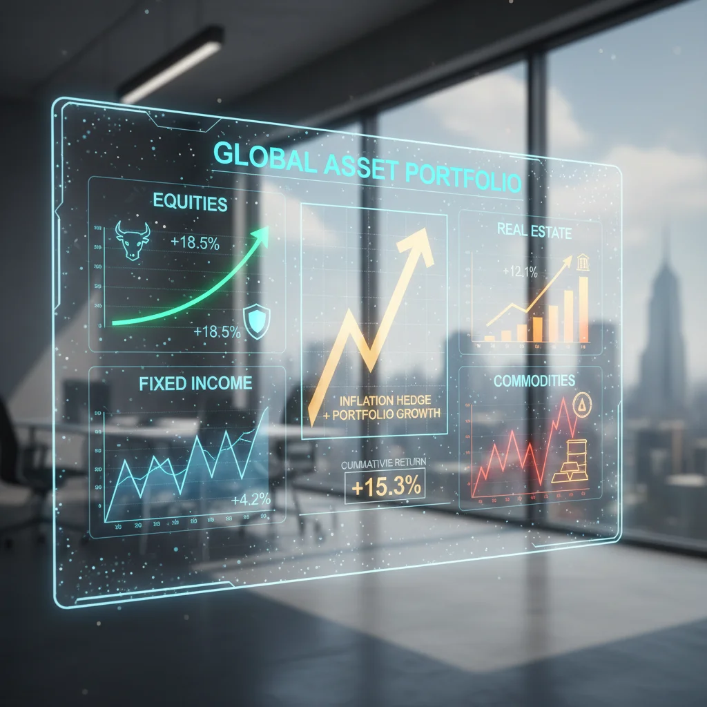 Diversified investment portfolio on a screen showing growth and asset allocation.