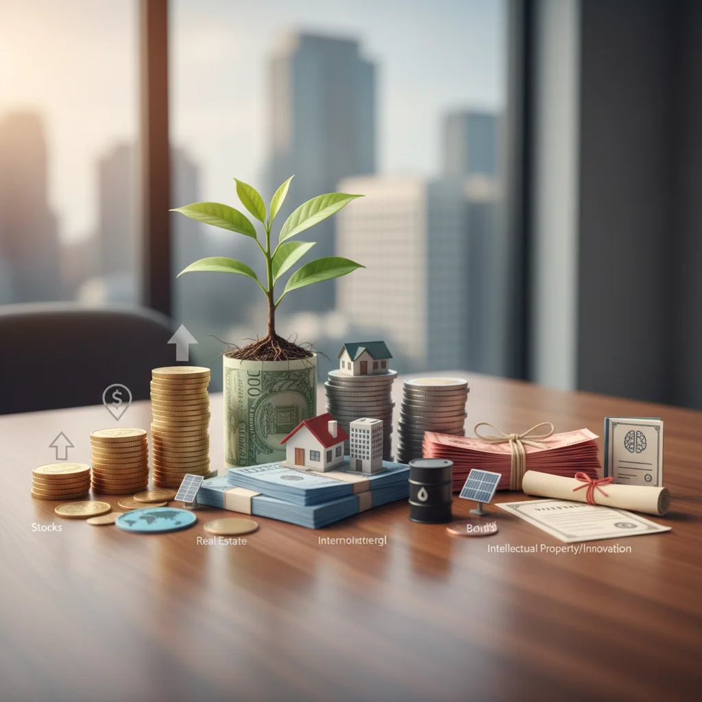Diversified investment portfolio with stocks, real estate, and bonds
