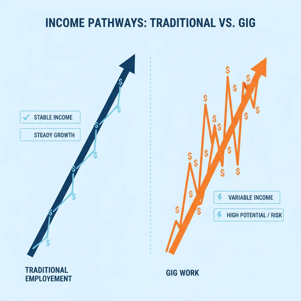 Infographic comparing income stability of traditional vs gig employment