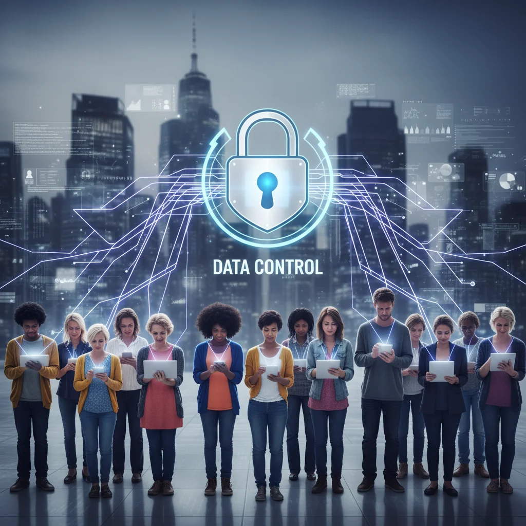 Diverse consumers with smartphones connected to secure lock, representing data control.
