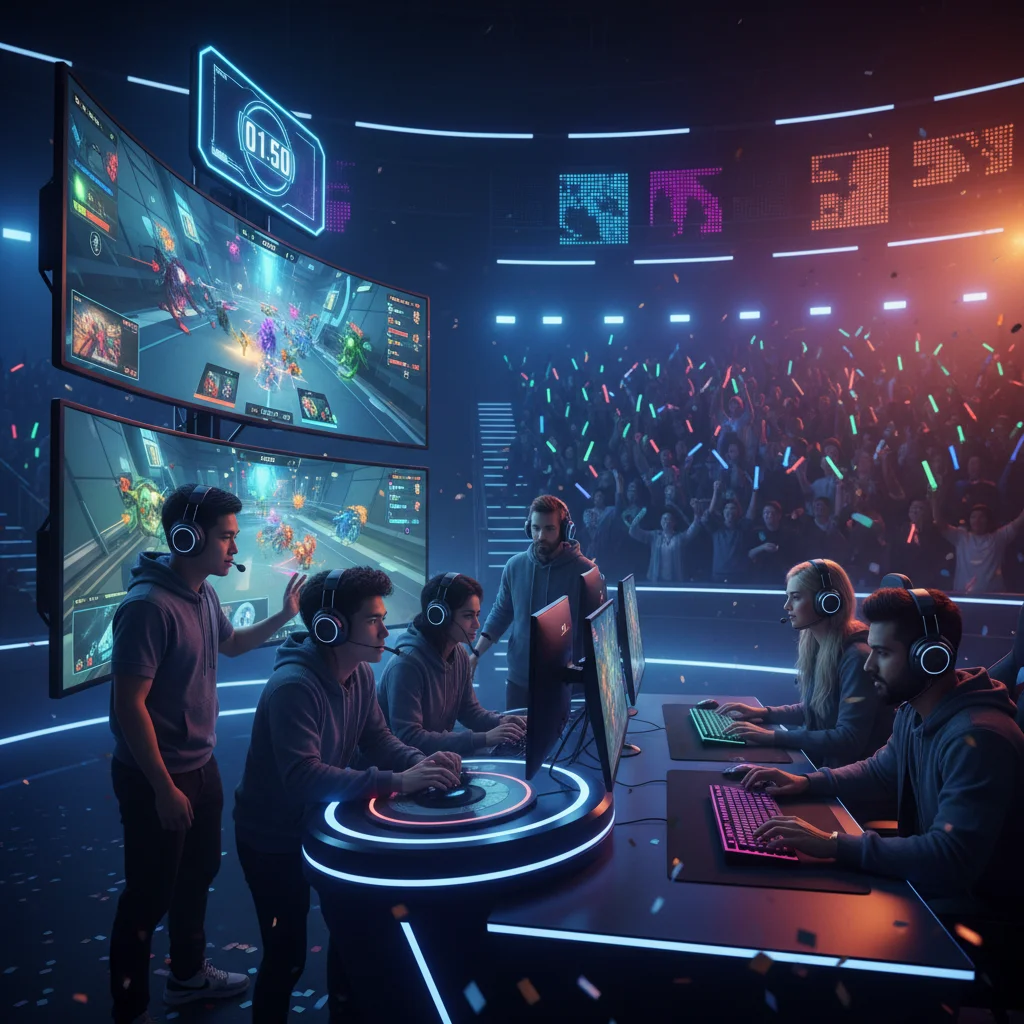 Esports players collaborating in a competitive gaming arena.