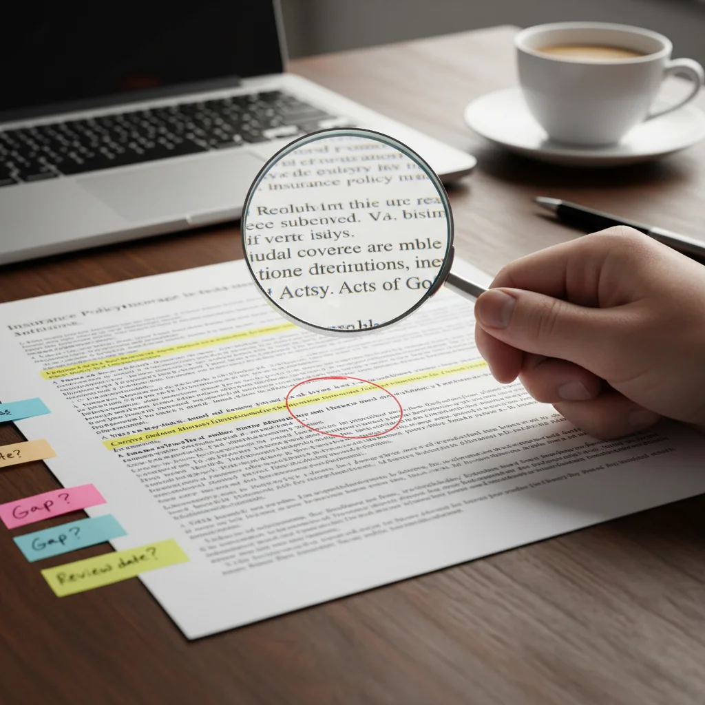 Magnifying glass examining detailed insurance policy documents for discrepancies.