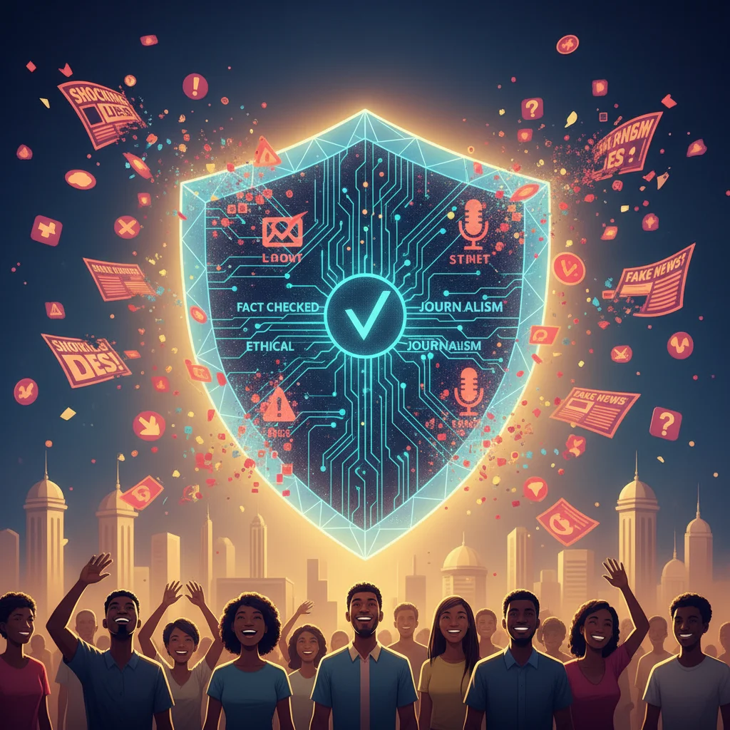 Digital shield protecting a community from fake news, symbolizing fact-checking and ethical journalism.