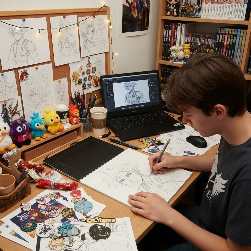 Fan artist creating character art digitally and traditionally