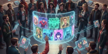 Diverse fans engaging with holographic pop culture display