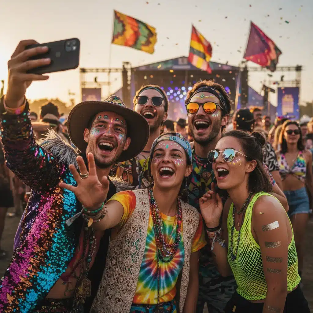 Young festival-goers with painted faces enjoying the music festival atmosphere