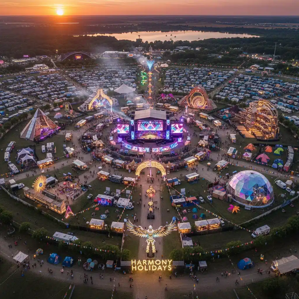 Aerial view of a sprawling music festival layout with stages and art installations