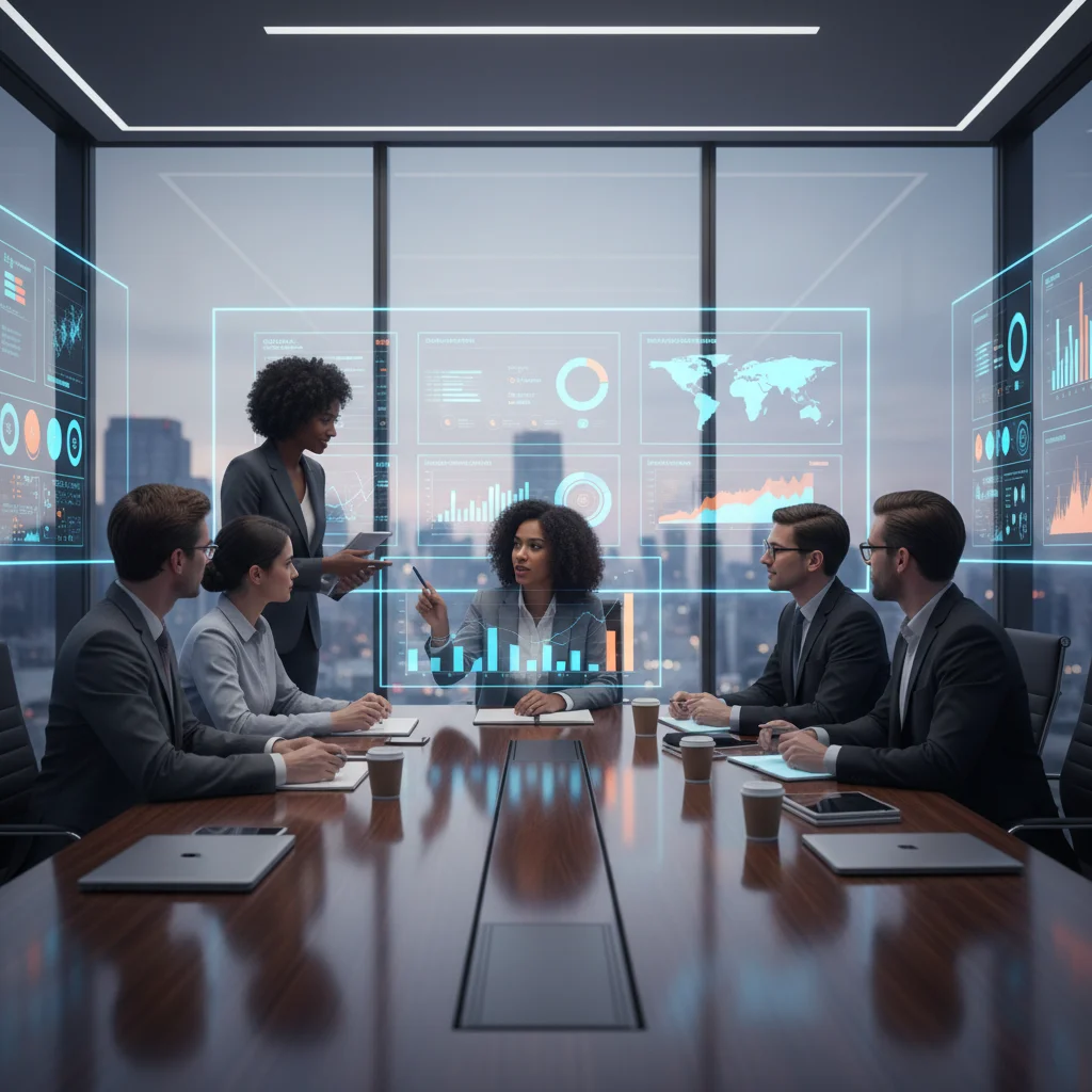 Young film executives strategizing for future content creation in a modern boardroom.