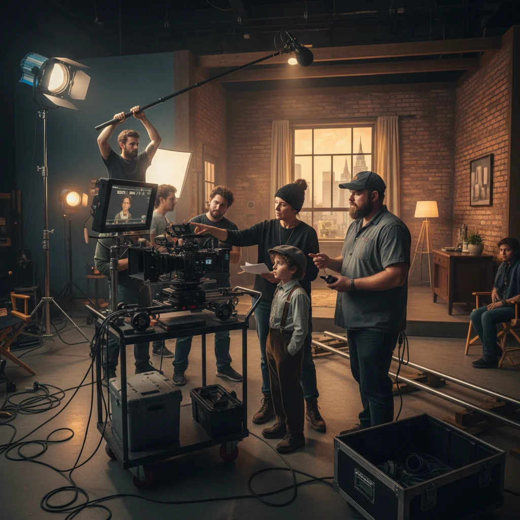 Young actor collaborating with a film crew on a professional movie set.