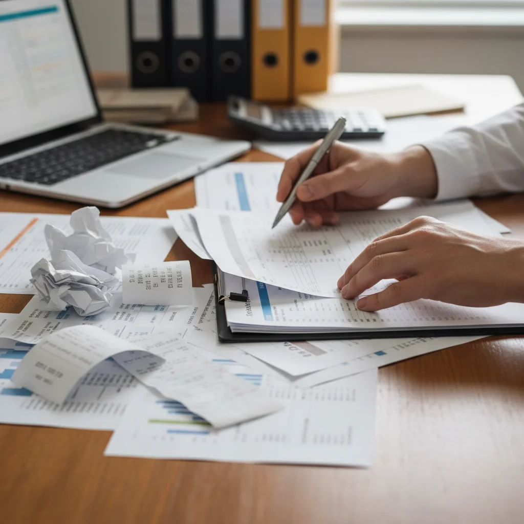 Hands organizing financial documents for tax deduction records.