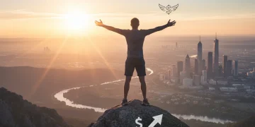 Person on mountain peak overlooking sunrise, symbolizing financial freedom
