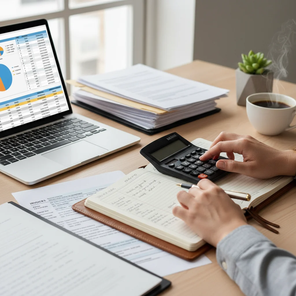 Person calculating finances and budgeting for a home purchase, surrounded by financial documents.