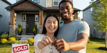 Smiling couple holding house keys in front of their new home, symbolizing first-time homeownership.