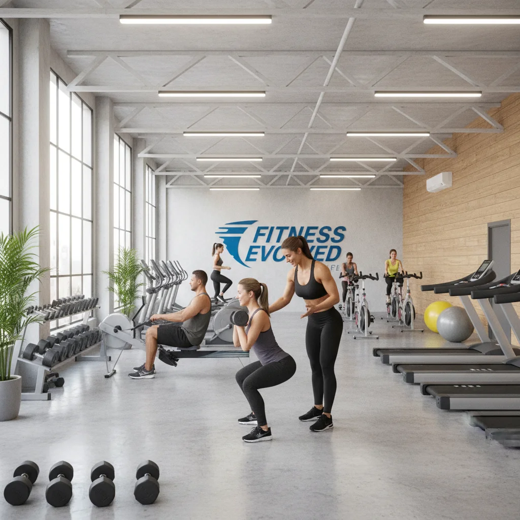 People exercising in a modern gym with a personal trainer, representing the thriving fitness and movement sector.