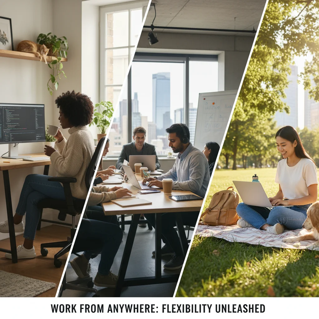 Diverse individuals working remotely from home, co-working spaces, and parks.
