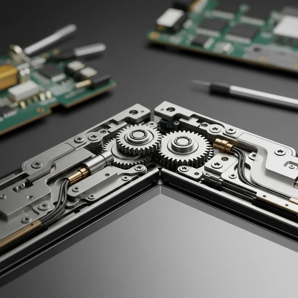 Detailed view of a foldable smartphone's advanced hinge mechanism