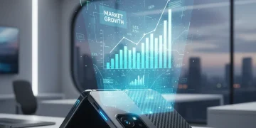 Futuristic foldable smartphone displaying market growth data, symbolizing innovation