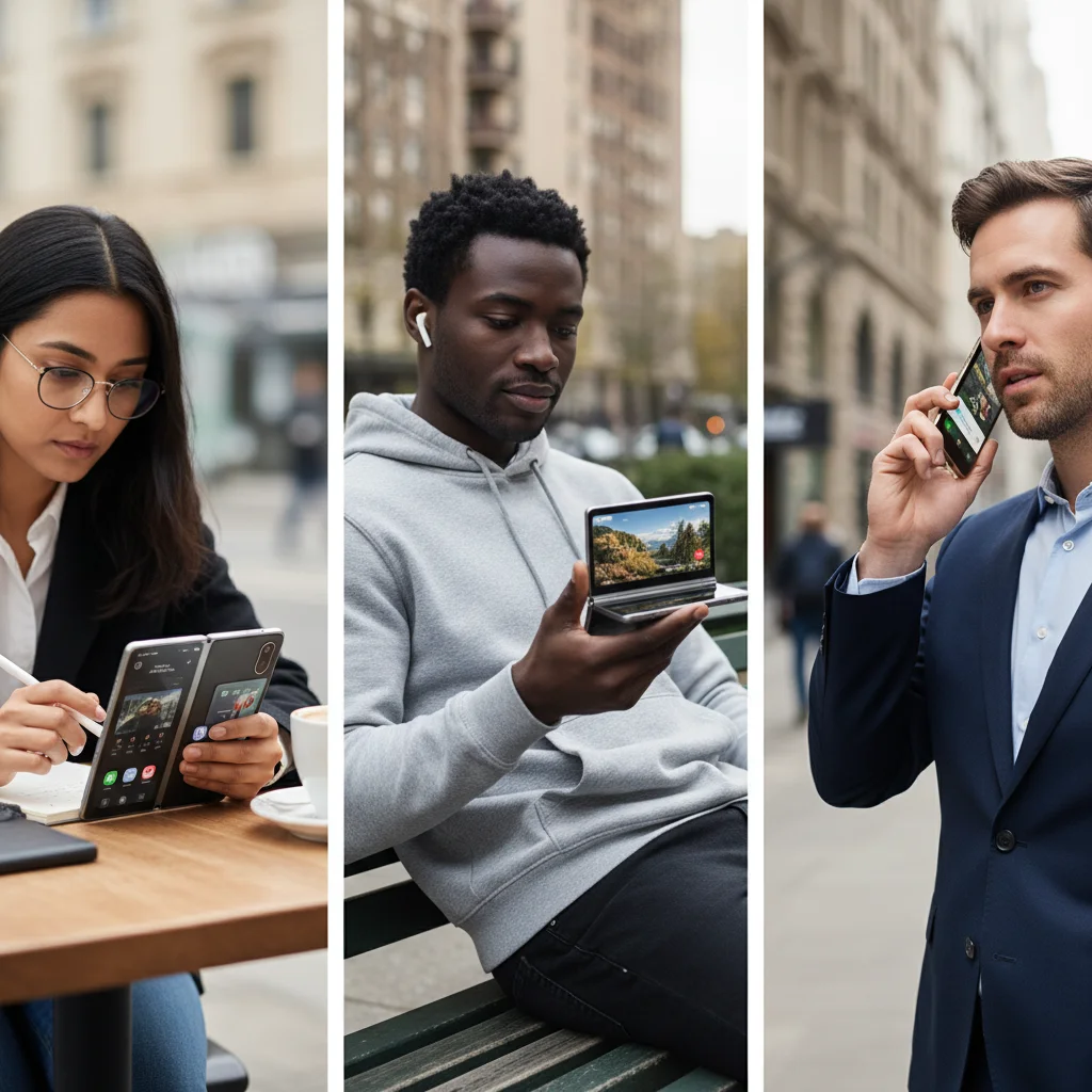 People using foldable smartphones in various daily activities, showcasing versatility