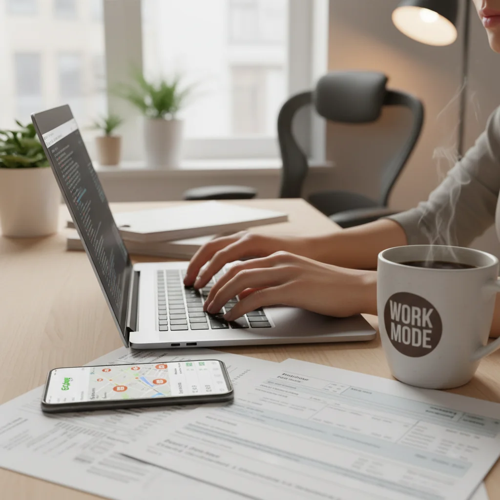 Freelancer working from home on laptop with financial documents and gig app