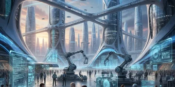 Robots and humans collaborating in a futuristic office, showcasing the integration of automation into the workforce.