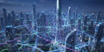 Futuristic city with glowing data streams representing 6G connectivity