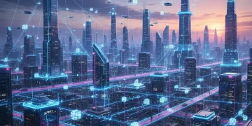 Futuristic city with glowing 5G network lines symbolizing advanced connectivity