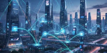 Futuristic cityscape with glowing network connections and data streams representing edge computing infrastructure.