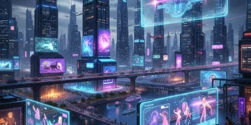 Futuristic cityscape with holographic entertainment and interactive digital interfaces, showcasing future entertainment technology.