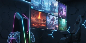 Next-Gen Gaming: 4 Franchises Expected to Break Records in 2026 and Why They Matter Futuristic gaming console with holographic display showing dynamic game worlds.