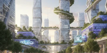 U.S. Climate Adaptation: Preparing for 2-Degree Global Warming Futuristic city with green infrastructure, symbolizing climate adaptation