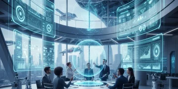 Futuristic office with AI productivity software interfaces