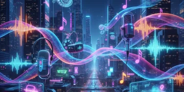 Podcasting's Pop Culture Boom: 6 Shows to Watch in 2026 for Cutting-Edge Content Futuristic podcasting scene with microphones, sound waves, and pop culture icons