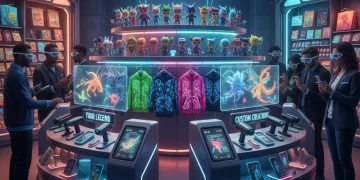Futuristic retail scene with diverse pop culture merchandise and interactive displays in 2026.