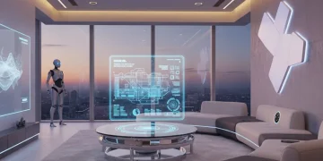 Futuristic smart home living room with integrated AI gadgets