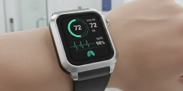 Futuristic smartwatch displaying health metrics on a wrist.
