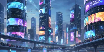 Top 5 Streaming Series 2026: Pop Culture Predictions Futuristic cityscape with streaming series logos, representing 2026 pop culture trends.