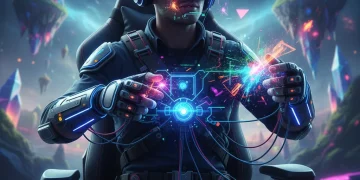 Futuristic gamer wearing advanced VR headset in immersive virtual world
