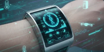 Futuristic wearable device displaying health data, representing advanced health tracking innovation.