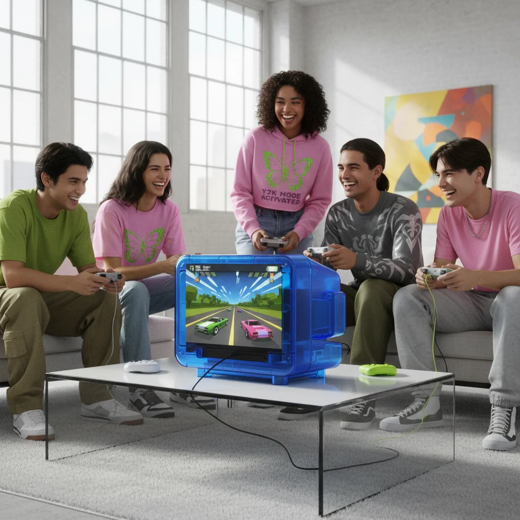 Young adults engaging with a product featuring 2000s design elements, showcasing the appeal of nostalgia to new generations.