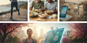 Diverse individuals engaging in wellness activities like meditation, jogging, healthy eating, and massage, symbolizing the broad reach of the wellness economy.