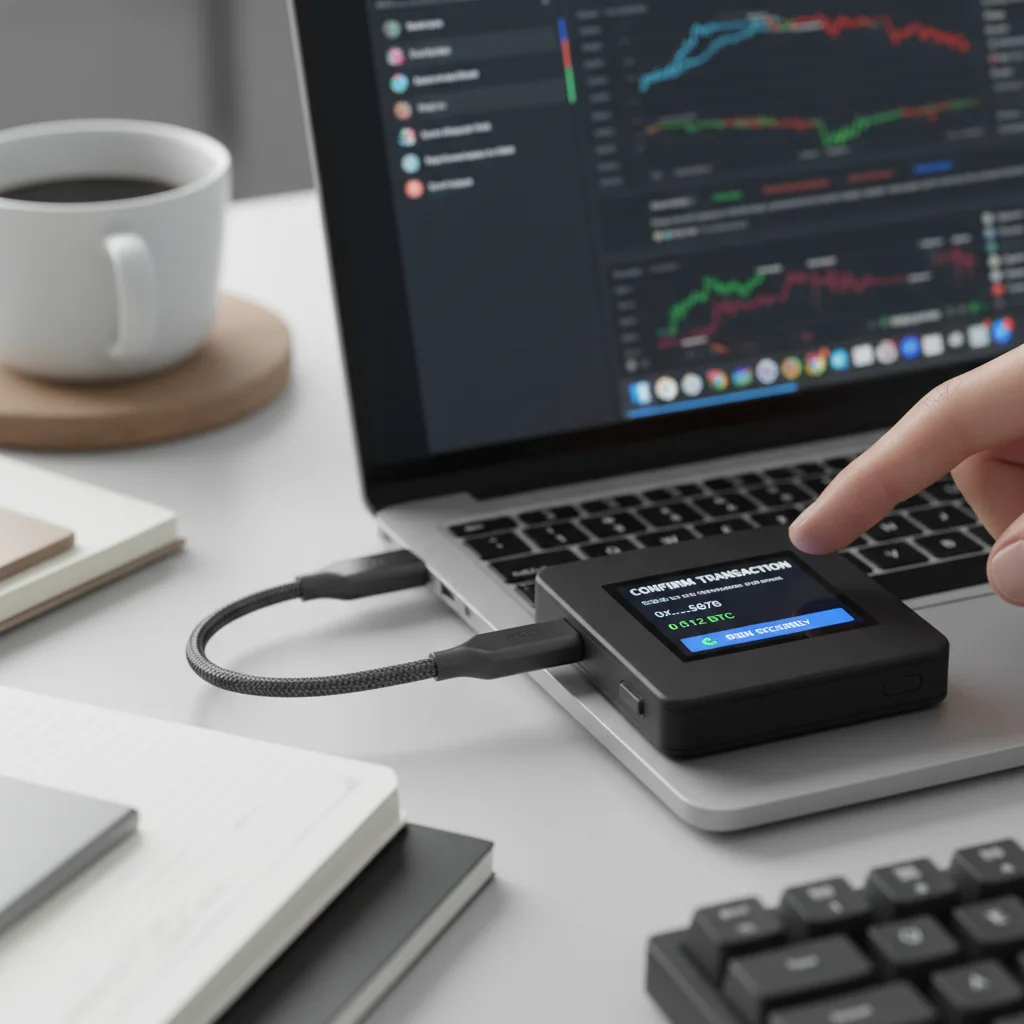 Hardware wallet securing cryptocurrency transactions on a laptop