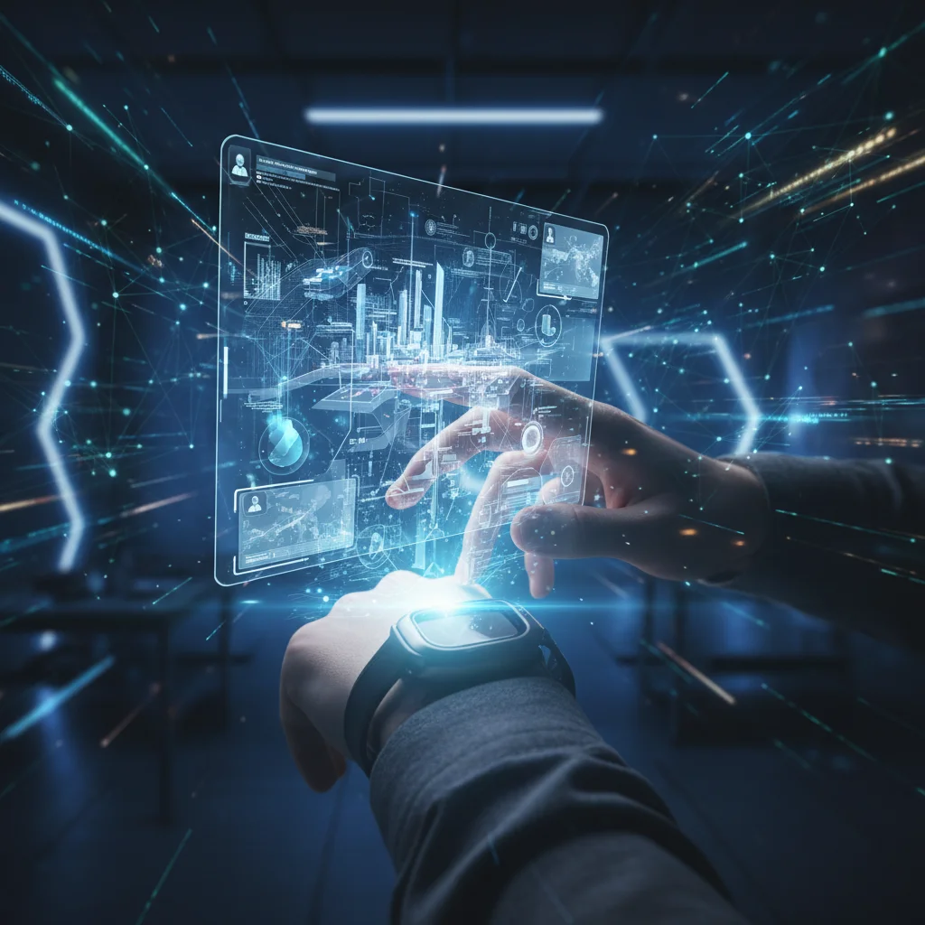 Hand interacting with holographic interface, showing 6G augmented reality
