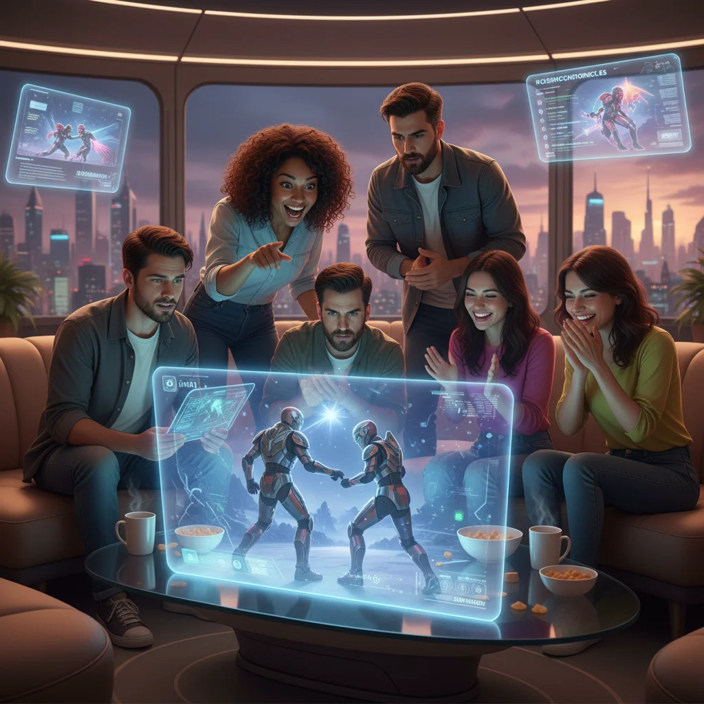 People discussing a holographic streaming series, showcasing social engagement.