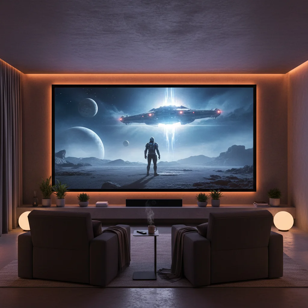 Modern home theater showing a sci-fi streaming series, highlighting immersive viewing.