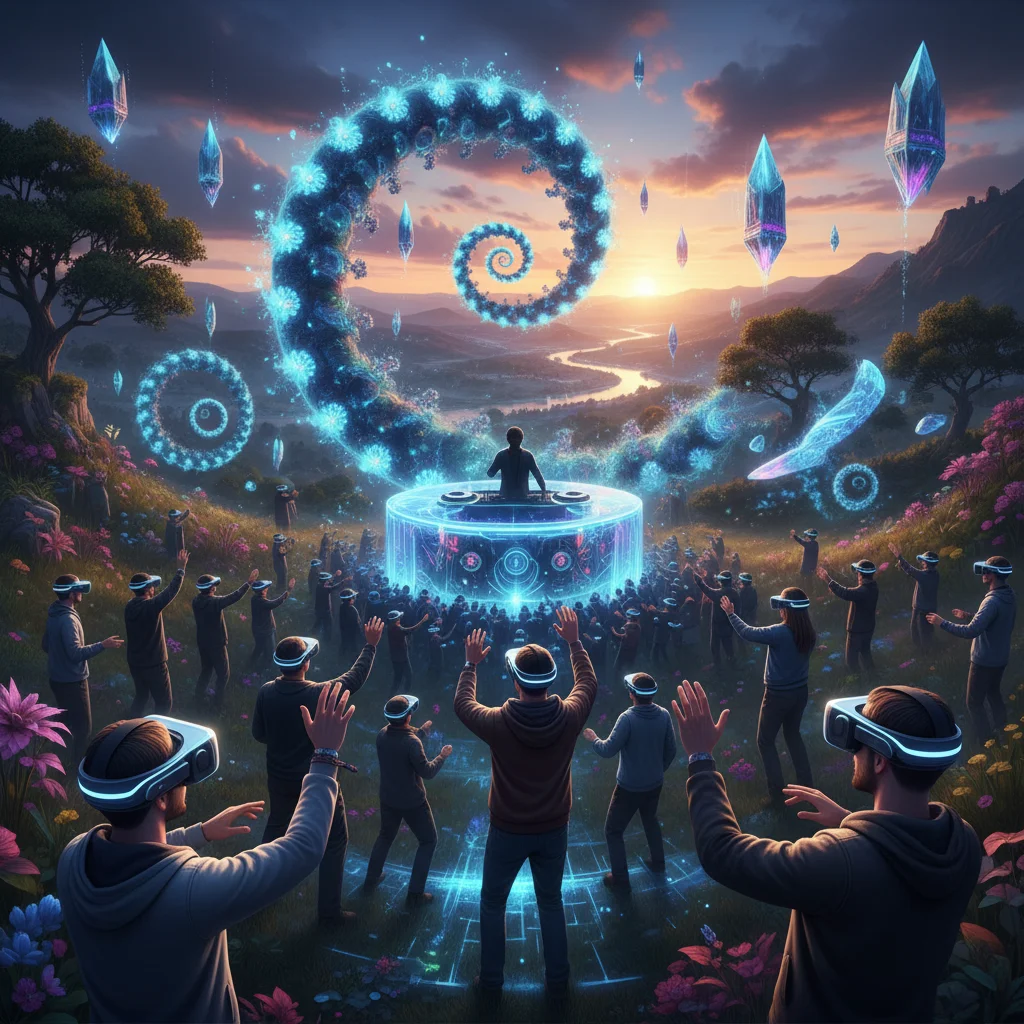 Festival attendees using VR/AR headsets to experience an immersive digital art installation.